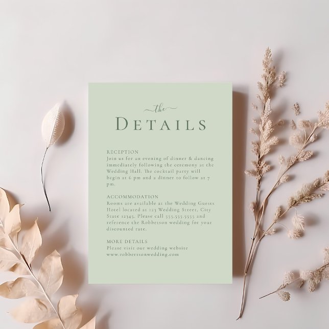 Pale Sage Green Modern Minimalist Wedding Details Invitation (Pale Sage Green Modern Minimalist Wedding Details Invitation on a table with blush pink flowers.)