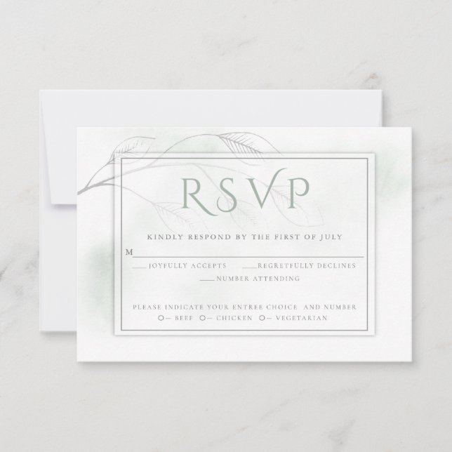 Pale Sage Green Watercolor Wash Grey Willow RSVP Card (Front)