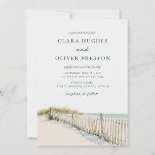 Pale Sand Teal Script Cape Cod Dune Grass Wedding Invitation