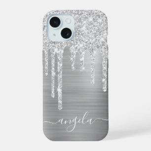 Pale Silver Glitter Drips Glam Signature iPhone 15 Case