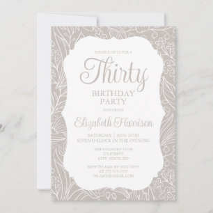 Pale Silver White Flora Woman 30th Birthday Party Invitation