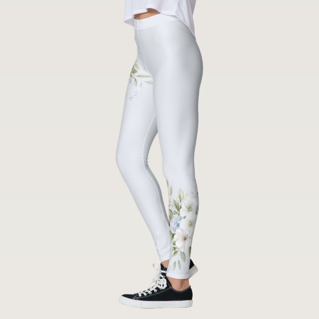 Pale Sky Blue Flowers Leggings (Left)