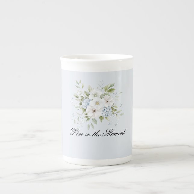 Pale Sky Blue White Floral Bone China Mug (Front)