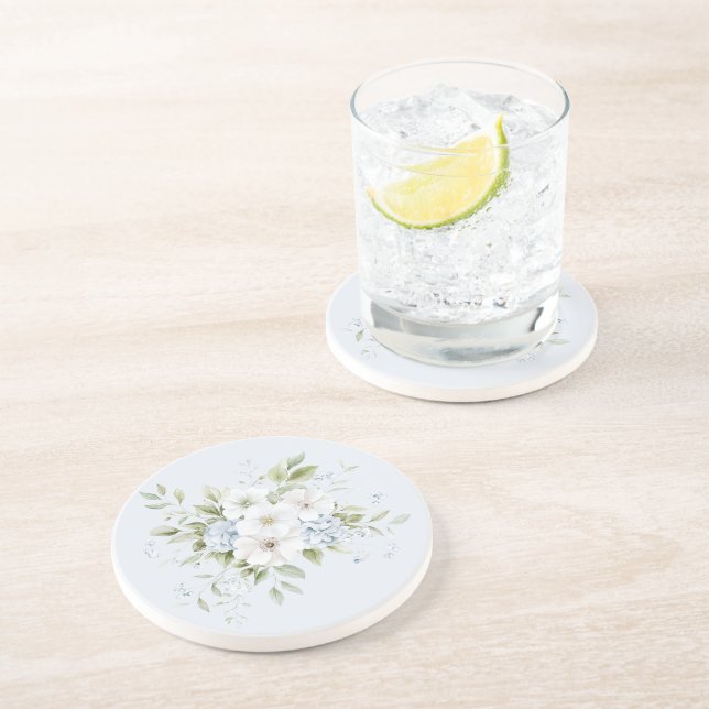 Pale Sky Blue White Floral Coaster (Side)