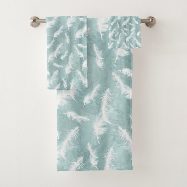Pale soft pastel shades of sage green & feathers bath towel set (Insitu)