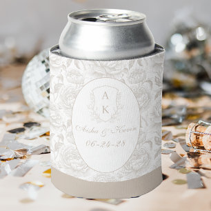 Pale Taupe Chinoiserie Peonies Monogram Wedding Can Cooler