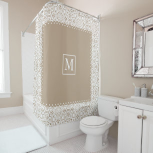 Pale taupe damask pattern and monogram shower curtain