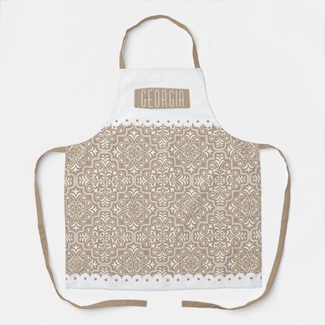 Pale taupe damask pattern scalloped borders apron (Front)