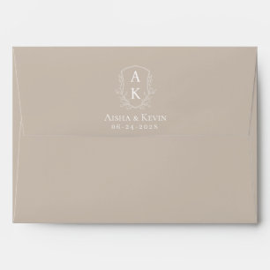 Pale Taupe Peony Couple Crest Wedding RSVP Envelope