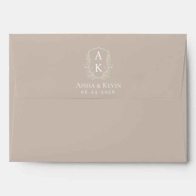Pale Taupe Peony Couple Crest Wedding RSVP Envelope (Back (Top Flap))