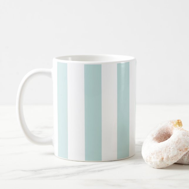Pale Teal and White Vertical Stripes Coffee Mug (With Donut)