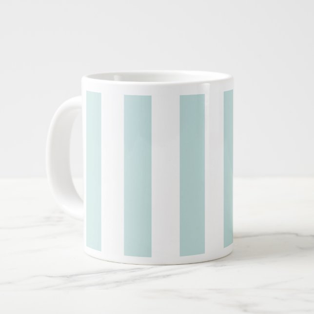 Pale Teal and White Vertical Stripes Large Coffee Mug (Front Left)