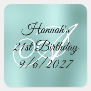 Pale Teal Glam Monogram 21st Birthday Square Sticker