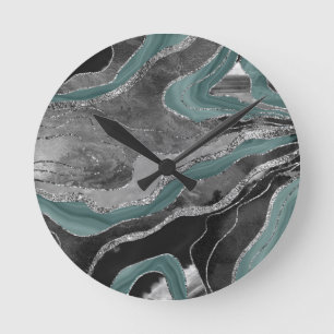 Pale Teal Gray Marble Agate Silver Glitter Glam #1 Round Clock