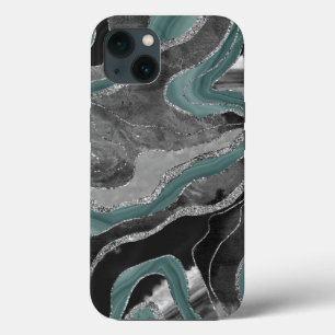 Pale Teal Grey Marble Agate Silver Glitter Glam #1 iPhone 13 Case