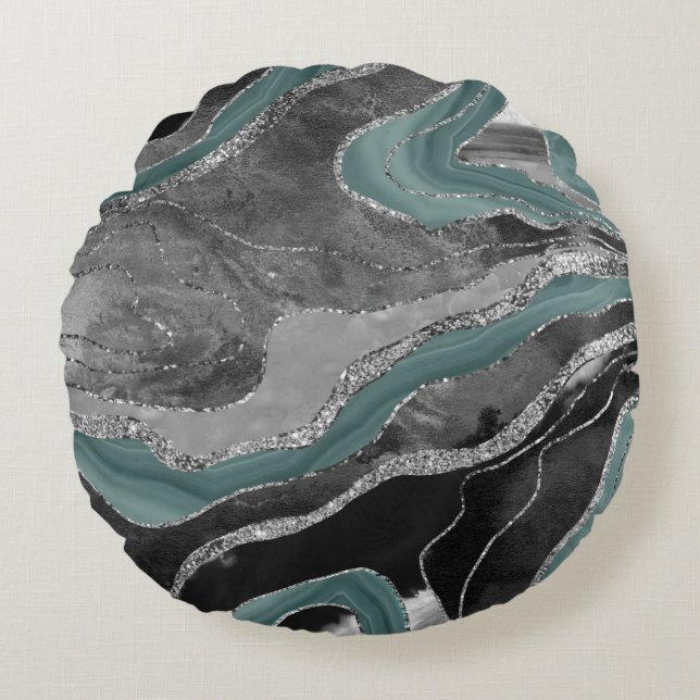 Pale Teal Grey Marble Agate Silver Glitter Glam #1 Round Cushion (Front)