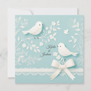 Pale Teal with Romantic Lace and Birds Wedding Invitation