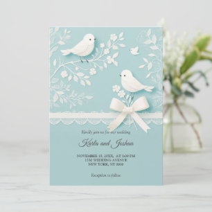 Pale Teal with Romantic Lace and Birds Wedding  Invitation