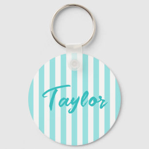 Pale Turquoise and White Cabana Stripe Key Ring