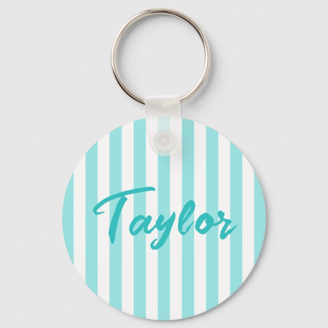 Pale Turquoise and White Cabana Stripe Key Ring (Front)