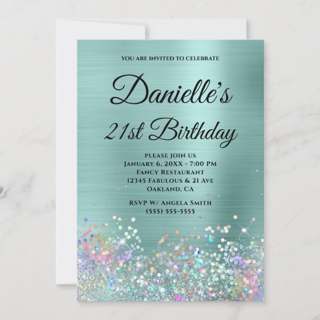 Pale Turquoise Foil Holo Glitter Fancy Monogram Invitation (Front)