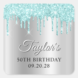 Pale Turquoise Glitter Drips Silver Drop Shadow Square Sticker