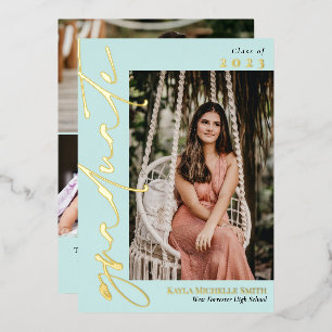 Pale Turquoise Gold Calligraphy Photo Graduation