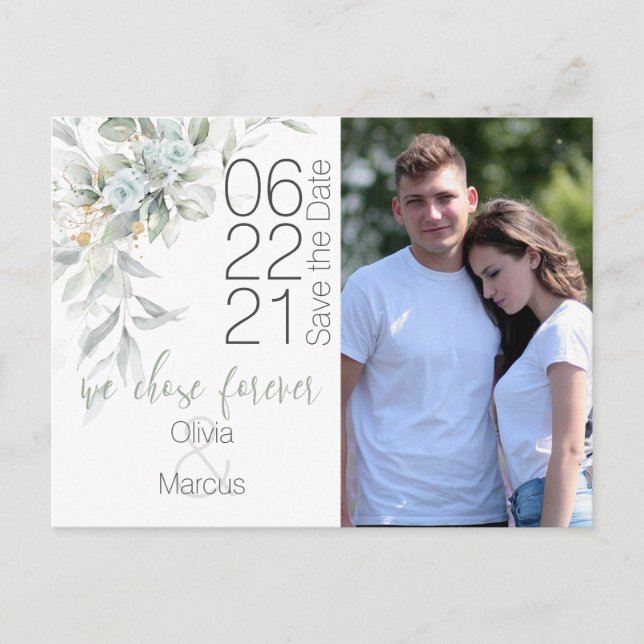 Pale Watercolor Blue Rose Photo Save the Date Postcard (Front)