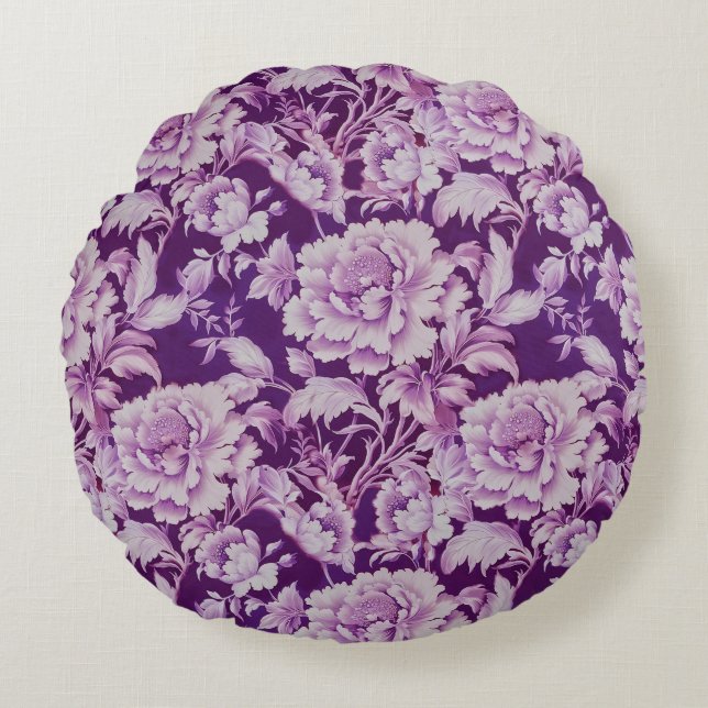 Pale White/Violet repeat rose pattern  Round Cushion (Front)