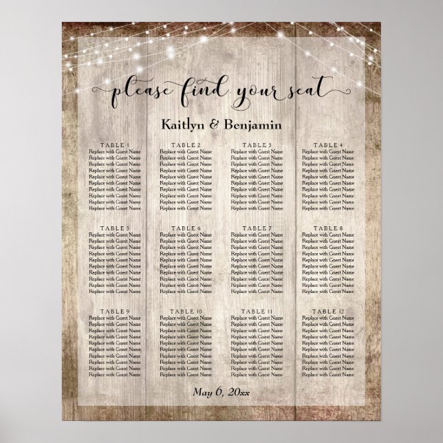 Pale Wood & Lights Wedding Reception Seating Chart (Front)