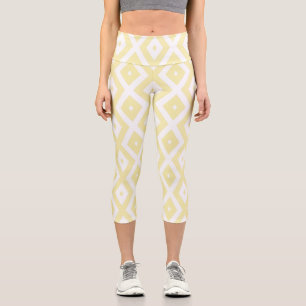 Pale yellow and white diamond pattern capri leggings