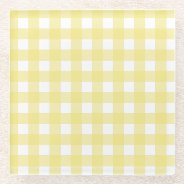 Pale yellow and white gingham glass coaster (Front)