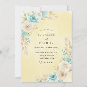 Pale Yellow Aqua Ranunculus Eucalyptus Wedding Invitation