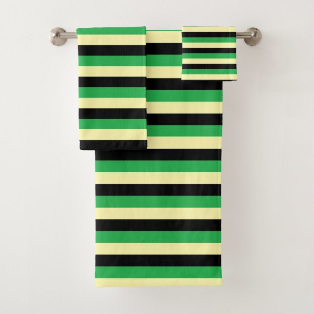 Pale Yellow, Black and Green Stripes Bath Towel Set (Insitu)