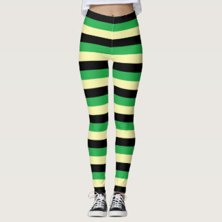 Pale Yellow, Black and Green Stripes Leggings