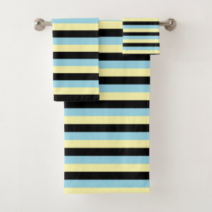 Pale Yellow, Black and Pastel Blue Stripes Bath Towel Set