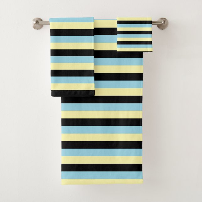 Pale Yellow, Black and Pastel Blue Stripes Bath Towel Set (Insitu)