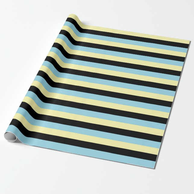 Pale Yellow, Black and Pastel Blue Stripes Wrapping Paper (Unrolled)