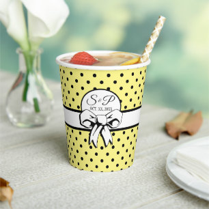 Pale Yellow Black Polka Dot White Bow Personalised Paper Cups
