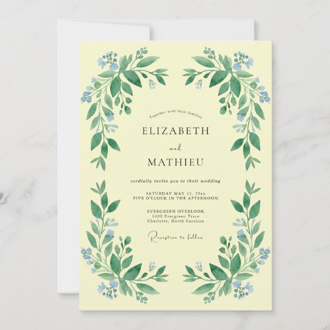 Pale Yellow Botanical Garland Wedding Invitation (Front)