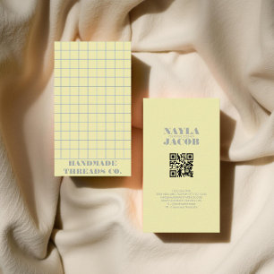 Pale Yellow Checkered Pattern QR Code Business Card