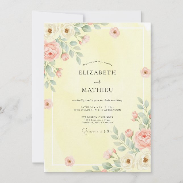 Pale Yellow Delicate Floral Wedding Invitation (Front)