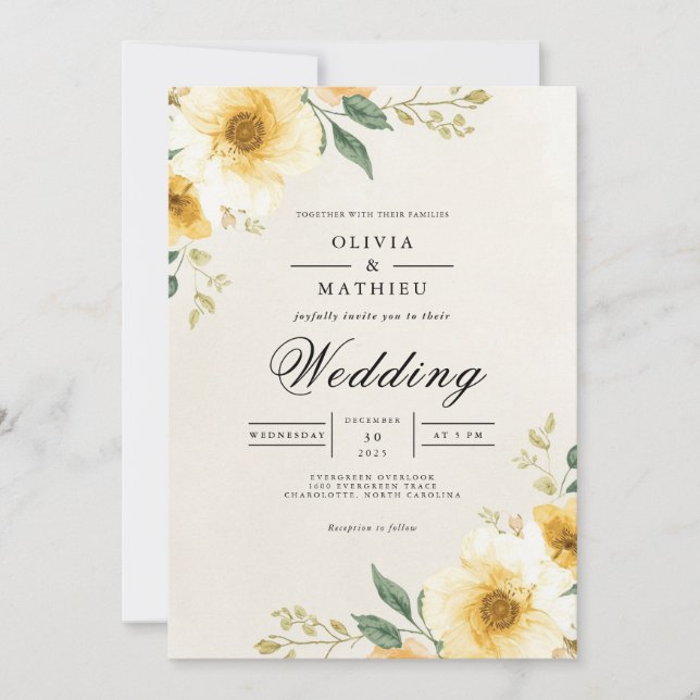 Pale Yellow Floral Border Wedding Invitation (Front)