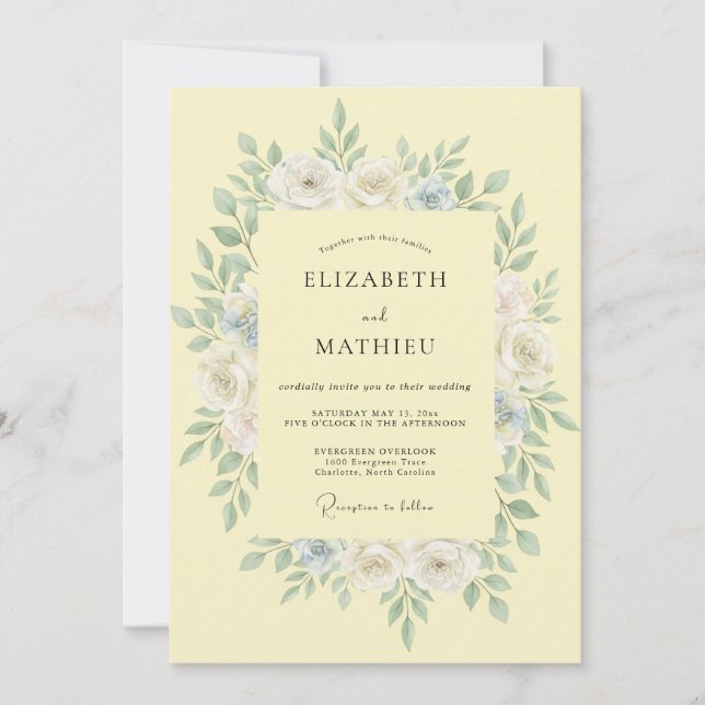 Pale Yellow Foliage Dusty Eucalyptus Wedding Invitation (Front)