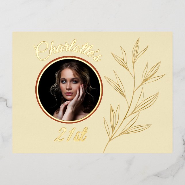Pale Yellow & Graphic Gold Leaf Birthday Foil Invitation Postcard (Front)