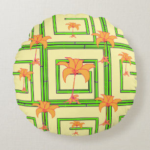Pale Yellow Green Geo Floral Round Cushion