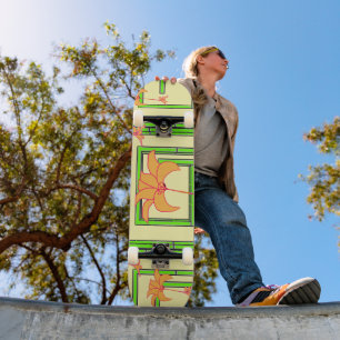 Pale Yellow Green Geo Floral Skateboard