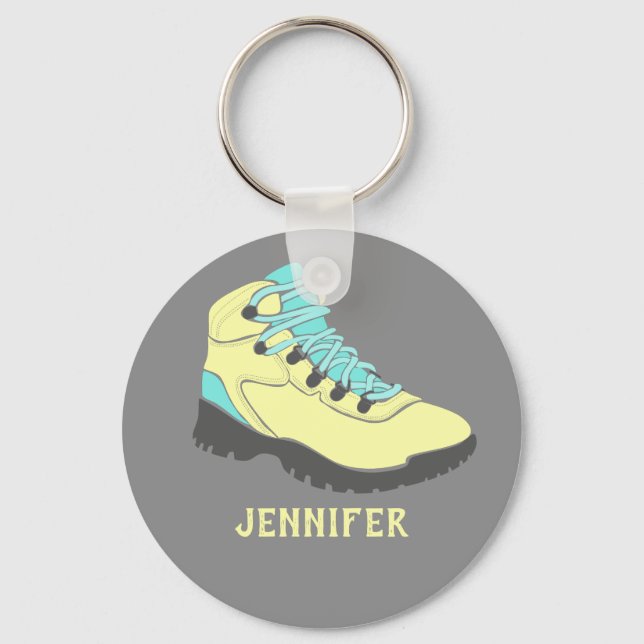 Pale Yellow Hiking Boot Personalised Grey Key Ring (Front)