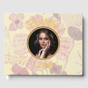 Pale Yellow Indian Red Floral Watercolor Birthday Guest Book