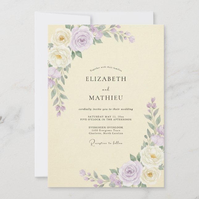 Pale Yellow Lilac Peony Wedding Invitation (Front)